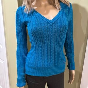 Blue Cable Knit V-Neck Sweater